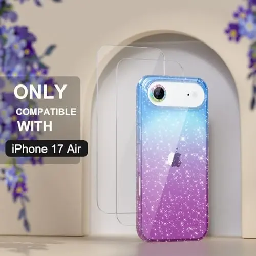 Choiche Compatible for iPhone 17 Air Case, Women Cute Clear Glitter Bling Sparkly Case, [1 x Diamond Camera Lens Protectors] [2 x Tempered Glass Screen Protectors] 6.5-inch (Glitter Blue/Purple) - 2