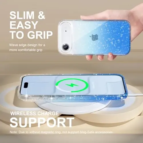 Choiche Compatible for iPhone 17 Air Case, Women Cute Clear Glitter Bling Sparkly Case, [1 x Diamond Camera Lens Protectors] [2 x Tempered Glass Screen Protectors] 6.5-inch (Glitter Clear/Blue) - 6