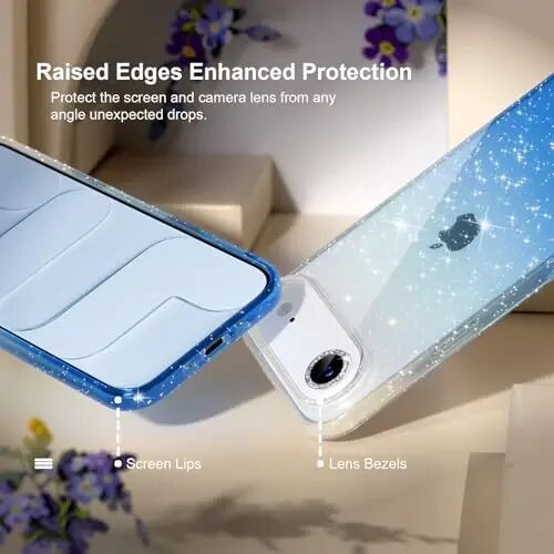 Choiche Compatible for iPhone 17 Air Case, Women Cute Clear Glitter Bling Sparkly Case, [1 x Diamond Camera Lens Protectors] [2 x Tempered Glass Screen Protectors] 6.5-inch (Glitter Clear/Blue) - 4