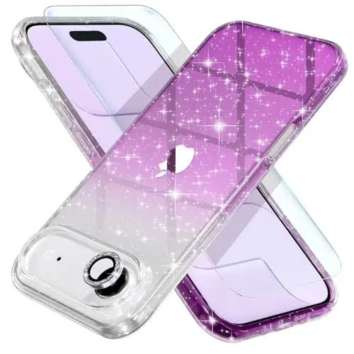 Choiche Compatible for iPhone 17 Air Case, Women Cute Clear Glitter Bling Sparkly Case, [1 x Diamond Camera Lens Protectors] [2 x Tempered Glass Screen Protectors] 6.5-inch (Glitter Clear/Purple) - CHOICHE