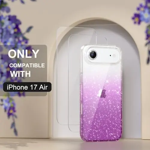 Choiche Compatible for iPhone 17 Air Case, Women Cute Clear Glitter Bling Sparkly Case, [1 x Diamond Camera Lens Protectors] [2 x Tempered Glass Screen Protectors] 6.5-inch (Glitter Clear/Purple) - 2