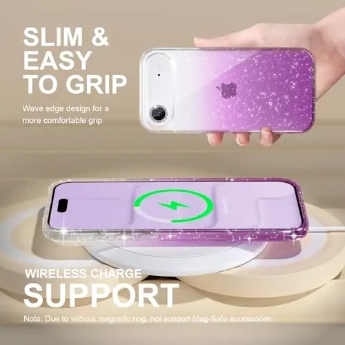 Choiche Compatible for iPhone 17 Air Case, Women Cute Clear Glitter Bling Sparkly Case, [1 x Diamond Camera Lens Protectors] [2 x Tempered Glass Screen Protectors] 6.5-inch (Glitter Clear/Purple) - 6