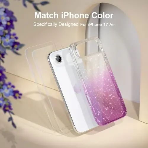 Choiche Compatible for iPhone 17 Air Case, Women Cute Clear Glitter Bling Sparkly Case, [1 x Diamond Camera Lens Protectors] [2 x Tempered Glass Screen Protectors] 6.5-inch (Glitter Clear/Purple) - 7