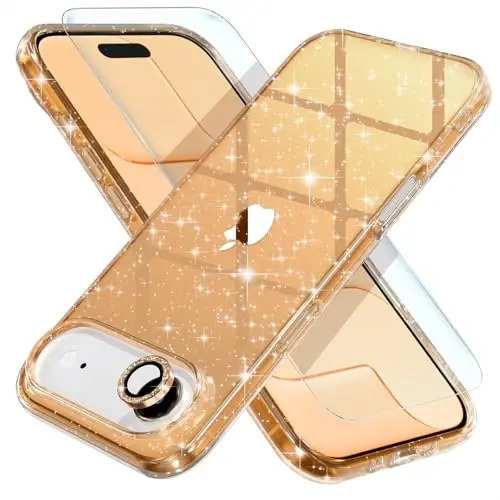 Choiche Compatible for iPhone 17 Air Case, Women Cute Clear Glitter Bling Sparkly Case, [1 x Diamond Camera Lens Protectors] [2 x Tempered Glass Screen Protectors] 6.5-inch (Glitter Gold) - CHOICHE