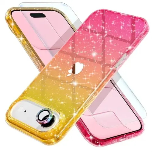 Choiche Compatible for iPhone 17 Air Case, Women Cute Clear Glitter Bling Sparkly Case, [1 x Diamond Camera Lens Protectors] [2 x Tempered Glass Screen Protectors] 6.5-inch (Glitter Gold/Pink) - 2