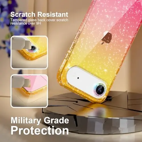 Choiche Compatible for iPhone 17 Air Case, Women Cute Clear Glitter Bling Sparkly Case, [1 x Diamond Camera Lens Protectors] [2 x Tempered Glass Screen Protectors] 6.5-inch (Glitter Gold/Pink) - 6