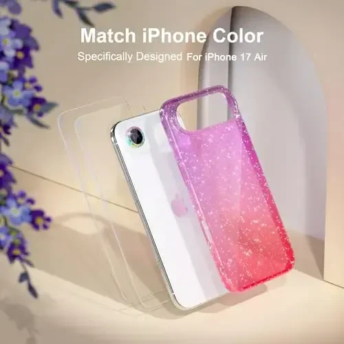 Choiche Compatible for iPhone 17 Air Case, Women Cute Clear Glitter Bling Sparkly Case, [1 x Diamond Camera Lens Protectors] [2 x Tempered Glass Screen Protectors] 6.5-inch (Glitter Purple/Pink) - 7