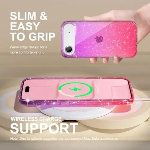 Choiche Compatible for iPhone 17 Air Case, Women Cute Clear Glitter Bling Sparkly Case, [1 x Diamond Camera Lens Protectors] [2 x Tempered Glass Screen Protectors] 6.5-inch (Glitter Purple/Pink) - 6