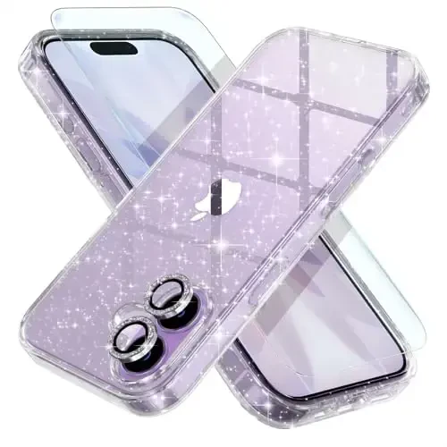 Choiche Compatible for iPhone 17 Case, Women Cute Clear Glitter Bling Sparkly Case, [2 x Diamond Camera Lens Protectors] [2 x Tempered Glass Screen Protectors] 6.3-inch (Glitter Clear) 