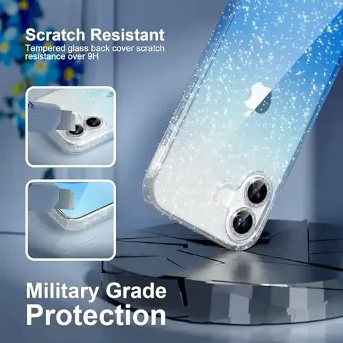 Choiche Compatible for iPhone 17 Case, Women Cute Clear Glitter Bling Sparkly Case, [2 x Diamond Camera Lens Protectors] [2 x Tempered Glass Screen Protectors] 6.3-inch (Glitter Clear/Blue) - 6