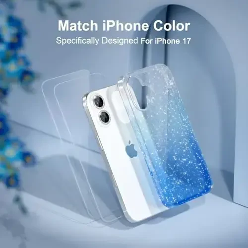 Choiche Compatible for iPhone 17 Case, Women Cute Clear Glitter Bling Sparkly Case, [2 x Diamond Camera Lens Protectors] [2 x Tempered Glass Screen Protectors] 6.3-inch (Glitter Clear/Blue) - 7