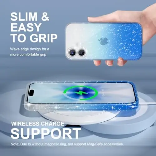 Choiche Compatible for iPhone 17 Case, Women Cute Clear Glitter Bling Sparkly Case, [2 x Diamond Camera Lens Protectors] [2 x Tempered Glass Screen Protectors] 6.3-inch (Glitter Clear/Blue) - 3