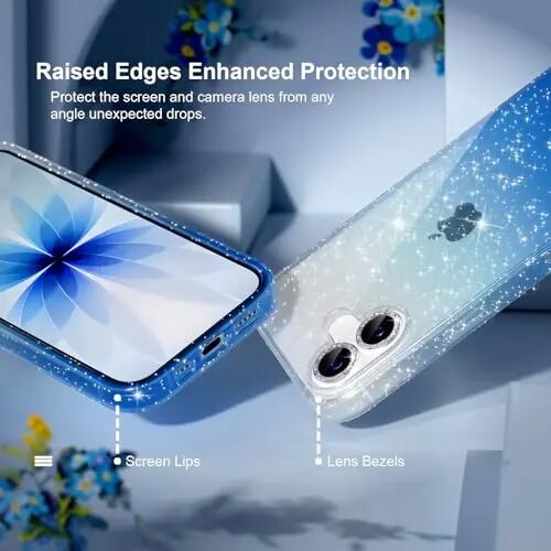 Choiche Compatible for iPhone 17 Case, Women Cute Clear Glitter Bling Sparkly Case, [2 x Diamond Camera Lens Protectors] [2 x Tempered Glass Screen Protectors] 6.3-inch (Glitter Clear/Blue) - 2