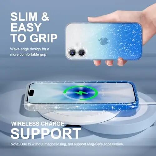 Choiche Compatible for iPhone 17 Case, Women Cute Clear Glitter Bling Sparkly Case, [2 x Diamond Camera Lens Protectors] [2 x Tempered Glass Screen Protectors] 6.3-inch (Glitter Clear/Blue) - 3