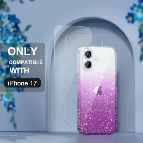 Choiche Compatible for iPhone 17 Case, Women Cute Clear Glitter Bling Sparkly Case, [2 x Diamond Camera Lens Protectors] [2 x Tempered Glass Screen Protectors] 6.3-inch (Glitter Clear/Purple) - 4