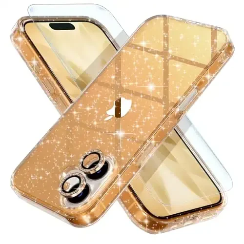 Choiche Compatible for iPhone 17 Case, Women Cute Clear Glitter Bling Sparkly Case, [2 x Diamond Camera Lens Protectors] [2 x Tempered Glass Screen Protectors] 6.3-inch (Glitter Gold) 