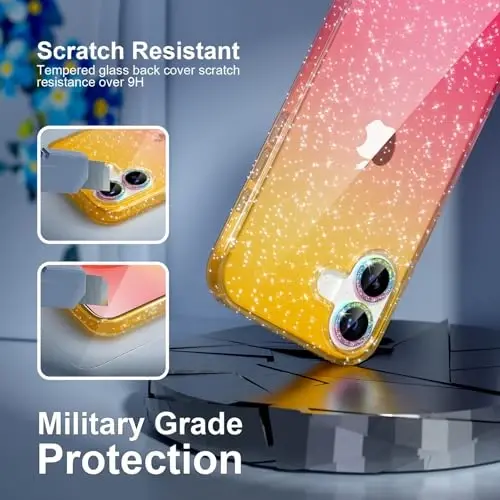 Choiche Compatible for iPhone 17 Case, Women Cute Clear Glitter Bling Sparkly Case, [2 x Diamond Camera Lens Protectors] [2 x Tempered Glass Screen Protectors] 6.3-inch (Glitter Gold/Pink) - 6