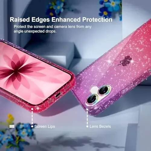 Choiche Compatible for iPhone 17 Case, Women Cute Clear Glitter Bling Sparkly Case, [2 x Diamond Camera Lens Protectors] [2 x Tempered Glass Screen Protectors] 6.3-inch (Glitter Purple/Pink) - 2