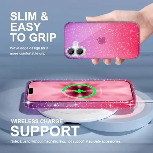 Choiche Compatible for iPhone 17 Case, Women Cute Clear Glitter Bling Sparkly Case, [2 x Diamond Camera Lens Protectors] [2 x Tempered Glass Screen Protectors] 6.3-inch (Glitter Purple/Pink) - 3