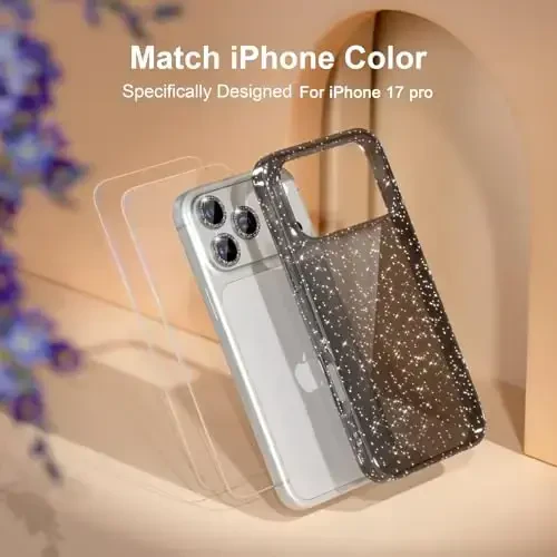 Choiche Compatible for iPhone 17 Pro Case, Women Cute Clear Glitter Bling Sparkly Case, [3 x Diamond Camera Lens Protectors] [2 x Tempered Glass Screen Protectors] 6.3-inch (Glitter Black) - 7