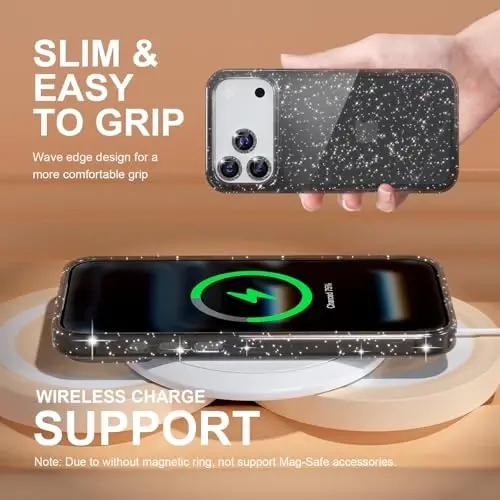 Choiche Compatible for iPhone 17 Pro Case, Women Cute Clear Glitter Bling Sparkly Case, [3 x Diamond Camera Lens Protectors] [2 x Tempered Glass Screen Protectors] 6.3-inch (Glitter Black) - 6