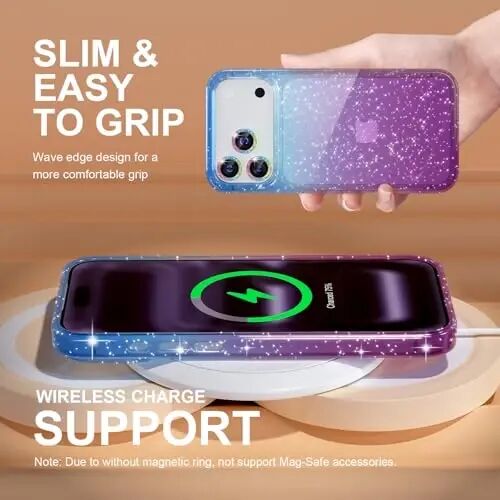 Choiche Compatible for iPhone 17 Pro Case, Women Cute Clear Glitter Bling Sparkly Case, [3 x Diamond Camera Lens Protectors] [2 x Tempered Glass Screen Protectors] 6.3-inch (Glitter Blue/Purple) - 6