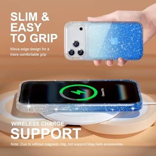 Choiche Compatible for iPhone 17 Pro Case, Women Cute Clear Glitter Bling Sparkly Case, [3 x Diamond Camera Lens Protectors] [2 x Tempered Glass Screen Protectors] 6.3-inch (Glitter Clear/Blue) - 6