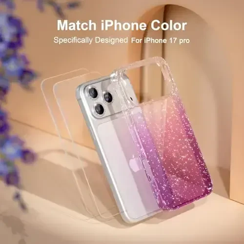 Choiche Compatible for iPhone 17 Pro Case, Women Cute Clear Glitter Bling Sparkly Case, [3 x Diamond Camera Lens Protectors] [2 x Tempered Glass Screen Protectors] 6.3-inch (Glitter Clear/Purple) - 7