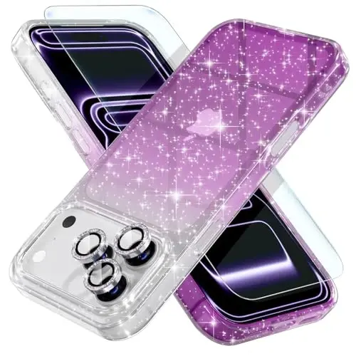 Choiche Compatible for iPhone 17 Pro Case, Women Cute Clear Glitter Bling Sparkly Case, [3 x Diamond Camera Lens Protectors] [2 x Tempered Glass Screen Protectors] 6.3-inch (Glitter Clear/Purple) 