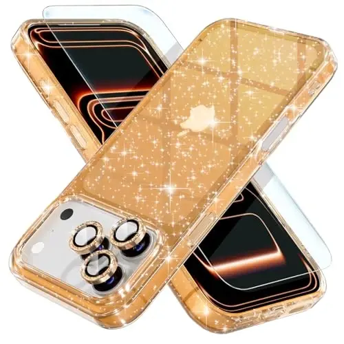 Choiche Compatible for iPhone 17 Pro Case, Women Cute Clear Glitter Bling Sparkly Case, [3 x Diamond Camera Lens Protectors] [2 x Tempered Glass Screen Protectors] 6.3-inch (Glitter Gold) - CHOICHE