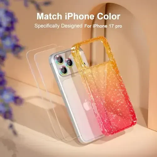 Choiche Compatible for iPhone 17 Pro Case, Women Cute Clear Glitter Bling Sparkly Case, [3 x Diamond Camera Lens Protectors] [2 x Tempered Glass Screen Protectors] 6.3-inch (Glitter Gold/Pink) - 7