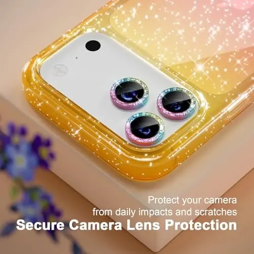 Choiche Compatible for iPhone 17 Pro Case, Women Cute Clear Glitter Bling Sparkly Case, [3 x Diamond Camera Lens Protectors] [2 x Tempered Glass Screen Protectors] 6.3-inch (Glitter Gold/Pink) - 3