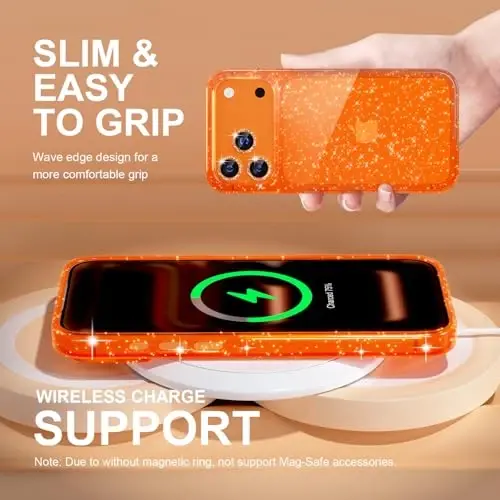 Choiche Compatible for iPhone 17 Pro Case, Women Cute Clear Glitter Bling Sparkly Case, [3 x Diamond Camera Lens Protectors] [2 x Tempered Glass Screen Protectors] 6.3-inch (Glitter Orange) - 6