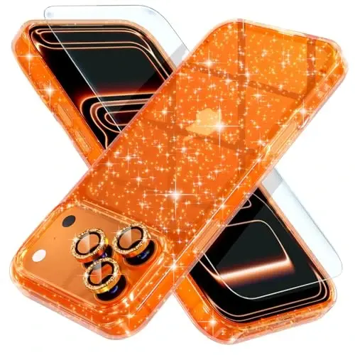Choiche Compatible for iPhone 17 Pro Case, Women Cute Clear Glitter Bling Sparkly Case, [3 x Diamond Camera Lens Protectors] [2 x Tempered Glass Screen Protectors] 6.3-inch (Glitter Orange) - 1