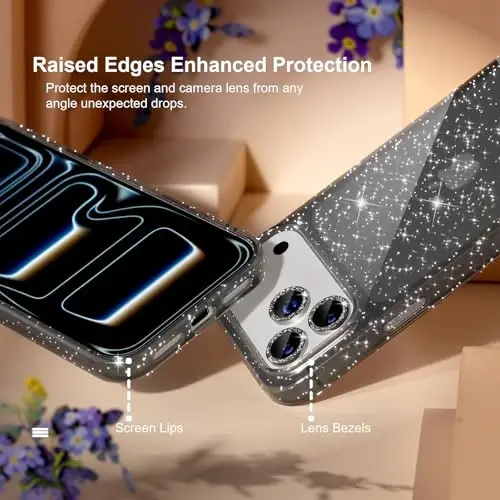 Choiche Compatible for iPhone 17 Pro Max Case, Women Cute Clear Glitter Bling Sparkly Case, [3 x Diamond Camera Lens Protectors] [2 x Tempered Glass Screen Protectors] 6.9-inch (Glitter Black) - 4