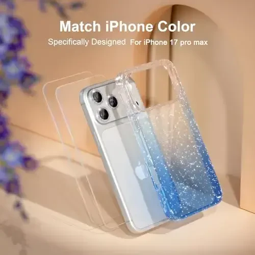 Choiche Compatible for iPhone 17 Pro Max Case, Women Cute Clear Glitter Bling Sparkly Case, [3 x Diamond Camera Lens Protectors] [2 x Tempered Glass Screen Protectors] 6.9-inch (Glitter Clear/Blue) - 7