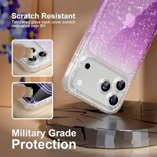 Choiche Compatible for iPhone 17 Pro Max Case, Women Cute Clear Glitter Bling Sparkly Case, [3 x Diamond Camera Lens Protectors] [2 x Tempered Glass Screen Protectors] 6.9-inch (Glitter Clear/Purple) - 5