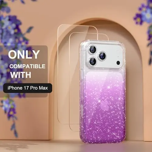 Choiche Compatible for iPhone 17 Pro Max Case, Women Cute Clear Glitter Bling Sparkly Case, [3 x Diamond Camera Lens Protectors] [2 x Tempered Glass Screen Protectors] 6.9-inch (Glitter Clear/Purple) - CHOICHE (1)