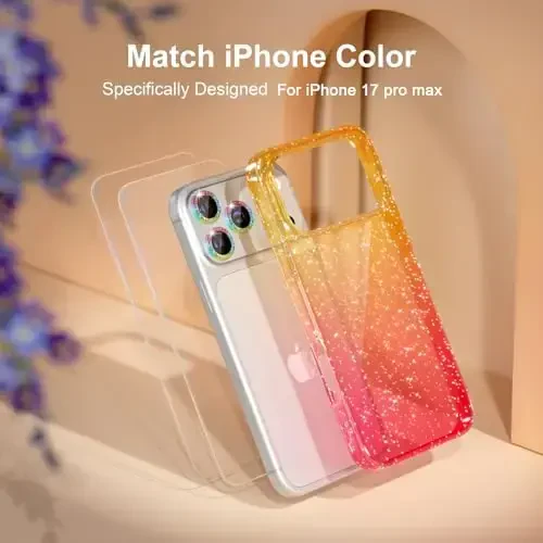 Choiche Compatible for iPhone 17 Pro Max Case, Women Cute Clear Glitter Bling Sparkly Case, [3 x Diamond Camera Lens Protectors] [2 x Tempered Glass Screen Protectors] 6.9-inch (Glitter Gold/Pink) - 7