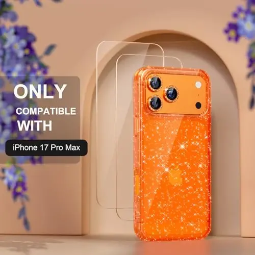 Choiche Compatible for iPhone 17 Pro Max Case, Women Cute Clear Glitter Bling Sparkly Case, [3 x Diamond Camera Lens Protectors] [2 x Tempered Glass Screen Protectors] 6.9-inch (Glitter Orange) - 2