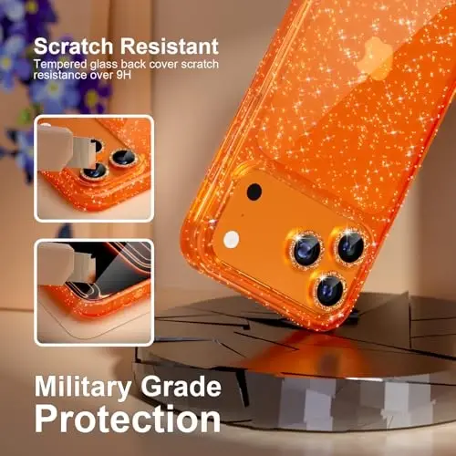 Choiche Compatible for iPhone 17 Pro Max Case, Women Cute Clear Glitter Bling Sparkly Case, [3 x Diamond Camera Lens Protectors] [2 x Tempered Glass Screen Protectors] 6.9-inch (Glitter Orange) - 5