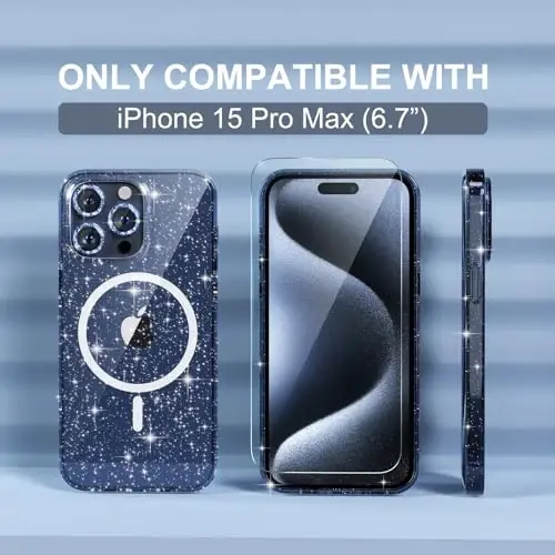 Choiche для чехла iPhone 15 Pro Max Magnetic, женский прозрачный блестящий блестящий чехол, [3 защиты объектива камеры с бриллиантами] [2 защитные пленки из закаленного стекла] [Совместимость с MagSafe] (Блестящий синий) - 2