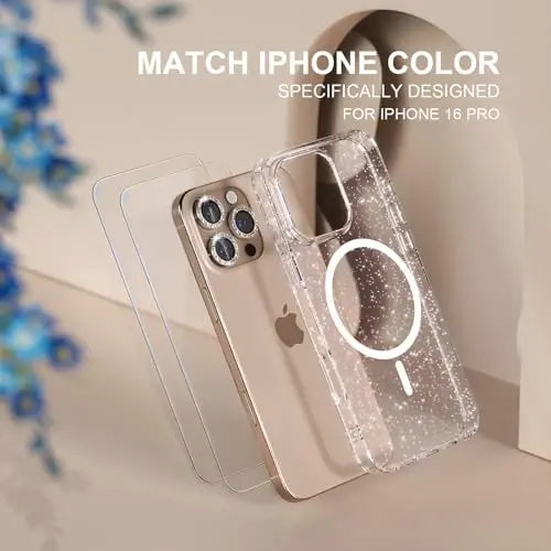 Choiche для чехла iPhone 16 Pro Magnetic, женский прозрачный блестящий блестящий чехол, [3x защитные пленки для объектива камеры с бриллиантами] [2x защитные пленки для экрана из закаленного стекла] [совместимо с MagSafe] 6,3 дюйма (блестящий прозрачный) - 7