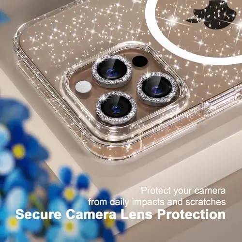 Choiche для чехла iPhone 16 Pro Magnetic, женский прозрачный блестящий блестящий чехол, [3x защитные пленки для объектива камеры с бриллиантами] [2x защитные пленки для экрана из закаленного стекла] [совместимо с MagSafe] 6,3 дюйма (блестящий прозрачный) - 3