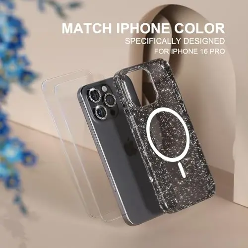Choiche для iPhone 16 Pro, чехол магнитный, женский прозрачный с блестками блестящий, [3x защитные пленки для объектива камеры] [2x защитные стекла из закаленного стекла] [Совместимость с MagSafe] 6,3 дюйма (Черный с блестками) - 8