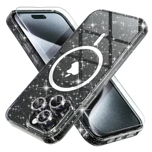Choiche for iPhone 15 Pro Case Magnetic, Women Clear Glitter Bling Sparkly Case, [3xDiamond Camera Lens Protectors] [2xTempered Glass Screen Protectors] [Compatible MagSafe] (Glitter Clear) - 1