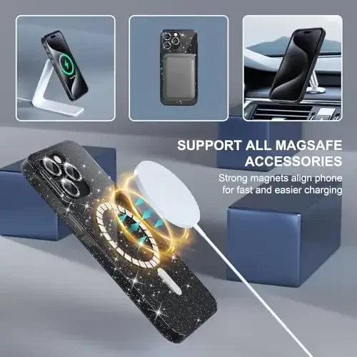 Choiche for iPhone 15 Pro Case Magnetic, Women Clear Glitter Bling Sparkly Case, [3xDiamond Camera Lens Protectors] [2xTempered Glass Screen Protectors] [Compatible MagSafe] (Glitter Clear) - 7