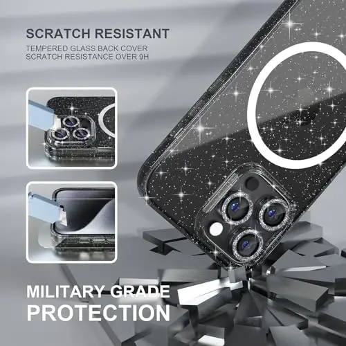 Choiche for iPhone 15 Pro Case Magnetic, Women Clear Glitter Bling Sparkly Case, [3xDiamond Camera Lens Protectors] [2xTempered Glass Screen Protectors] [Compatible MagSafe] (Glitter Clear) - 5