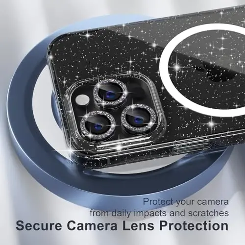 Choiche for iPhone 15 Pro Case Magnetic, Women Clear Glitter Bling Sparkly Case, [3xDiamond Camera Lens Protectors] [2xTempered Glass Screen Protectors] [Compatible MagSafe] (Glitter Clear) - 3