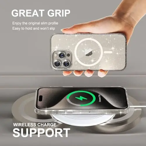 Choiche for iPhone 15 Pro Case Magnetic, Women Clear Glitter Bling Sparkly Case, [3xDiamond Camera Lens Protectors] [2xTempered Glass Screen Protectors] [Compatible MagSafe] (Glitter Clear) - 6